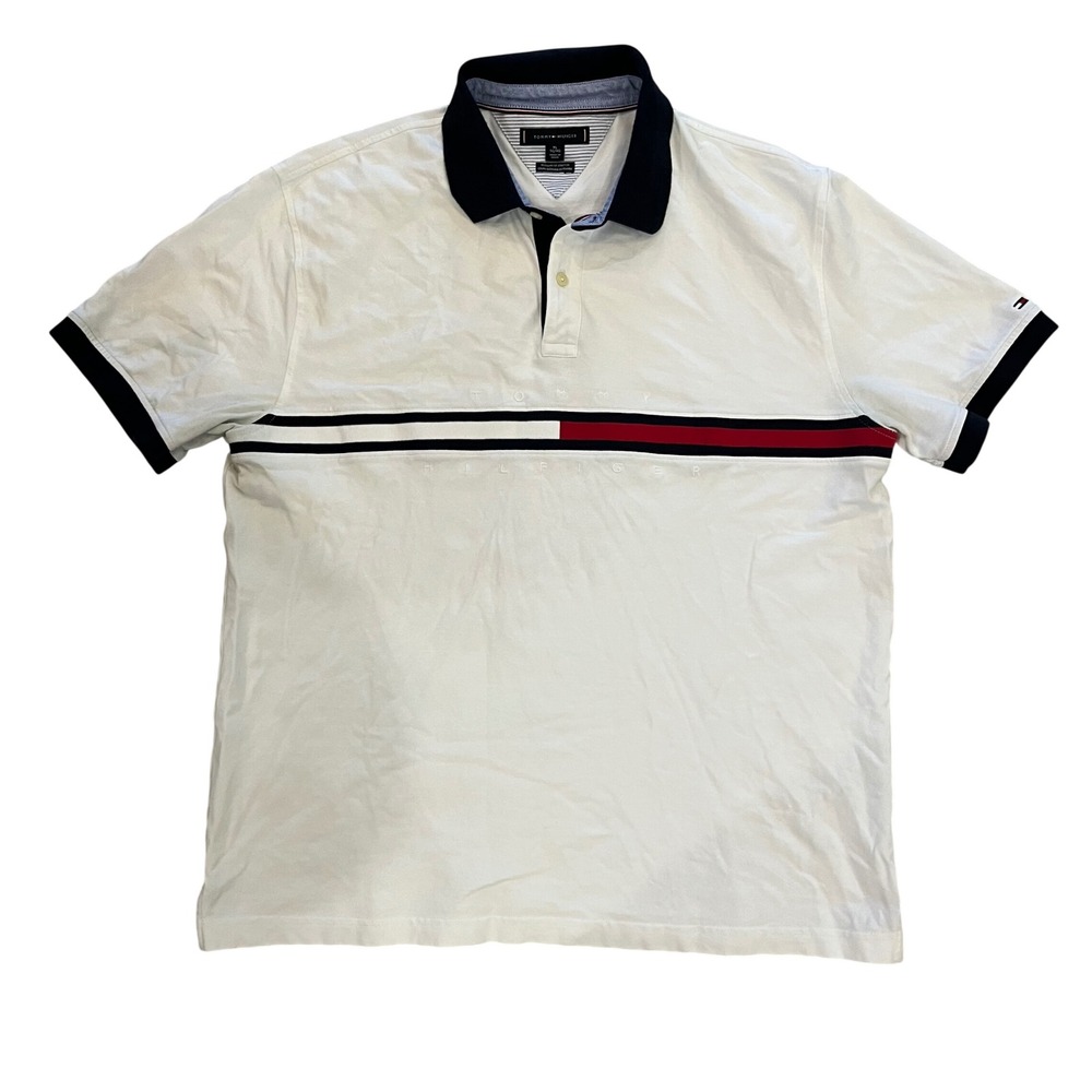Tommy Hilfiger Mens XL Regular Stretch Polo Shirt White Chest Stripe Navy - 087